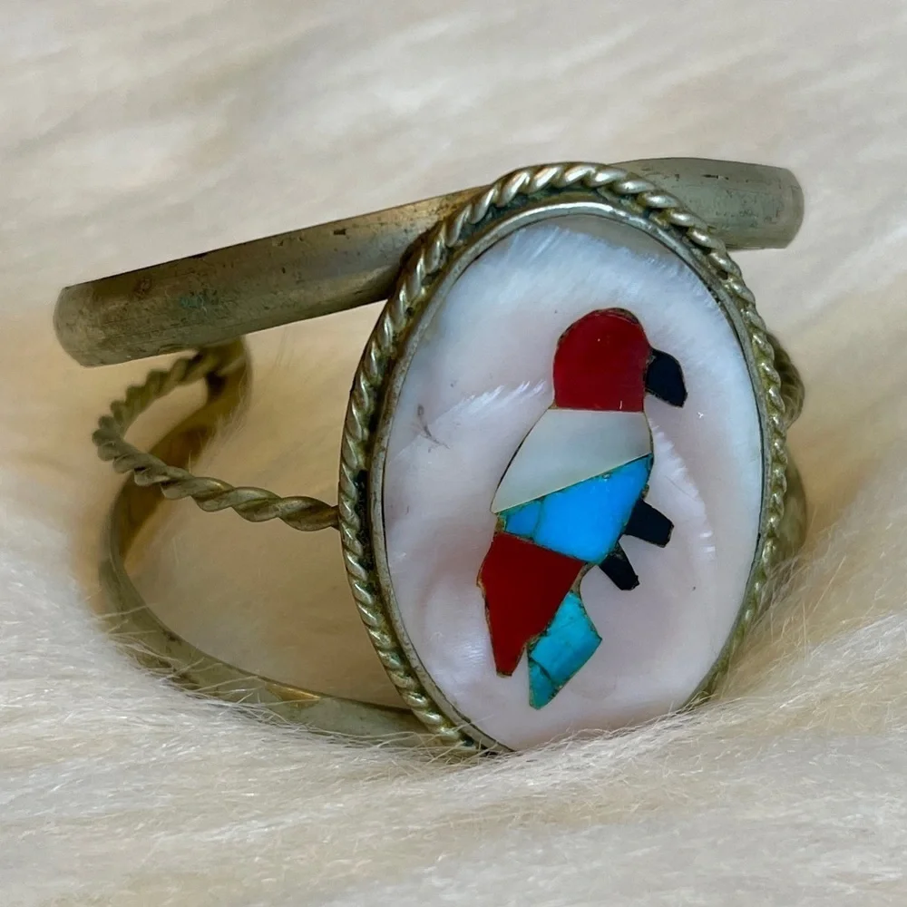 Zuni Turquoise and Coral Inlaid Stone Sterling Silver Bird Cuff Bracelet